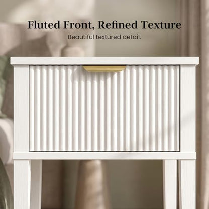 White 15.4" Wide Small Nightstand with Drawer,Open Shelf,Fluted Front | Bright white tone, ribbed fluted front, 11.8-inch slim depth, concealed storage, clean fit for bed, sofa side, or chair side - color: White