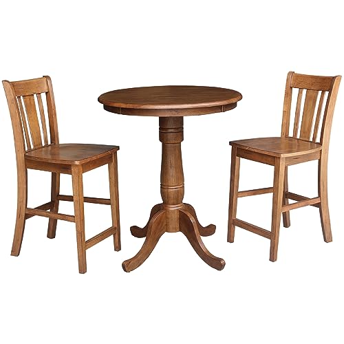 IC INTERNATIONAL CONCEPTS 30" Round Pedestal Gathering Height Table with 2 San Remo Counter Height Stools, Distressed Oak - color: Distressed Oak