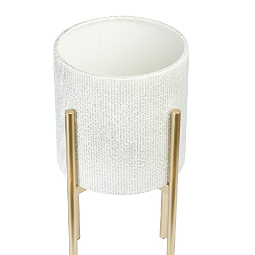 Main + Mesa Modern Boho Embossed Metal Planters with Stands, White and Gold, Set of 2 Sizes - color: Light Grey With Gold Stand