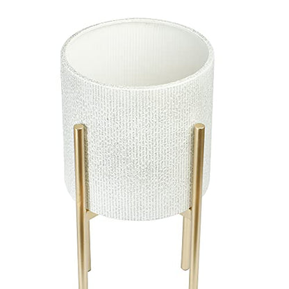 Main + Mesa Modern Boho Embossed Metal Planters with Stands, White and Gold, Set of 2 Sizes - color: Light Grey With Gold Stand