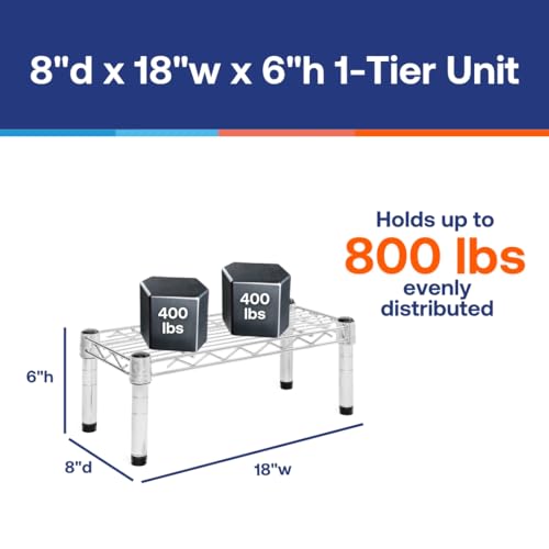 Shelving Inc. 8" d x 18" w Chrome Wire Shelving with 1 Tier Shelf, Weight Capacity 800lbs Per Shelf - size: 8" d x 18" w x 6" h
