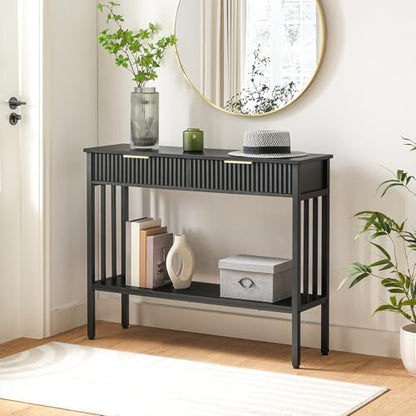 MAHANCRIS 39.4" Console Table with 2 Drawers, Fluted Black Entryway Table | Narrow Long Entry Table with Storage Shelf, Sofa Table for Entryway, Living Room, Foyer, Hallway, Office, Black CTHB5101 - size: 11.8"D x 39.4"W x 32.3"H