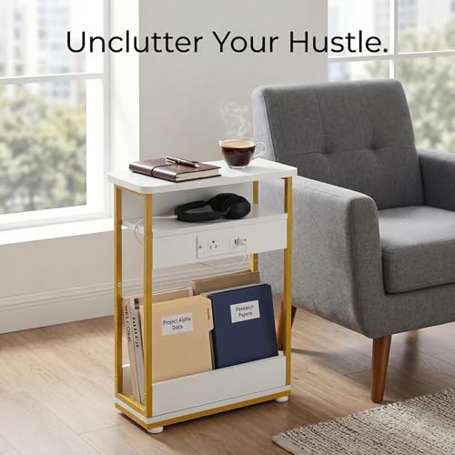 YEAKOO Narrow Side Table with Charging Station, 3-Tier End Table with 2 USB Ports & Power Outlets, Thin Sofa Side Table for Small Spaces, Bedside Table Nightstand for Living Room, White+Gold - color: White+gold