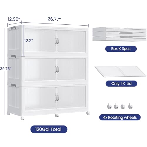 90Gal/360QT 3-Tiers Extra Large Stackable Storage Bins with Lid, Collapsible Cabinet Closet Organizer Plastic Container Box with Wheels Doors Drawers for Office Dorm Kitchen, White - color: White, size: 30Gal-3Pack