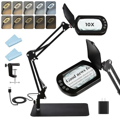 10X Square Magnifying Glass with Light and Stand/Clamp, 80 LED Lighted Magnifier with Dust Cover, 5 Color Modes Stepless Dimmable, Hands-Free Desk Magnifying Glasses for Close Work, Crafts, Reading
