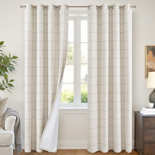 Linen Blackout Curtains for Living Room - Boho Plaid Pattern Thermal Insulated Grommet Cottage Core Window Treatments Rustic Drapes for Farmhouse, 52x84 Inch 2 Panels, Natural - color: Natural, size: 52"W x 84"L (Pack of 2)