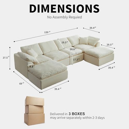 Cloud Couch Sectional for Living Room, Modular L Shaped Boneless Sofa with Chaise, Compressed No Assembly Couch, Deep Seat Chenille Upholstered Convertible Sofa Bed (Beige) (139″‌ U-Shaped White) - color: White