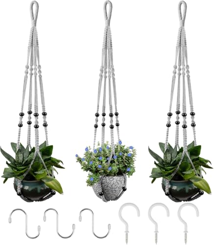 RIFNY Macrame Plant Hanger for 5 to 10 Inch Plant Pots, 35 Inch Indoor Handmade Woven Rope Hanger Kits with Hooks and Wood Beads, Hanging Planter Basket Holder for Boho Home Decor (Grey, 3 Pack) | 35 Inch Hanging Planter with Hooks, Fits 5-10" Pots, Suita