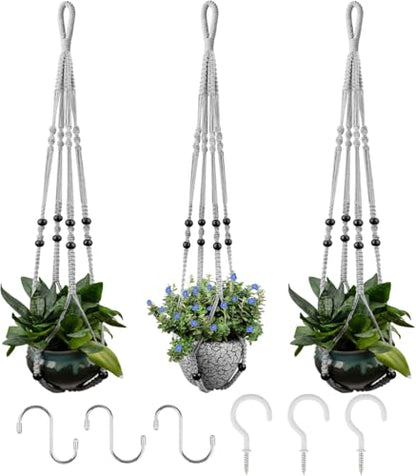 RIFNY Macrame Plant Hanger for 5 to 10 Inch Plant Pots, 35 Inch Indoor Handmade Woven Rope Hanger Kits with Hooks and Wood Beads, Hanging Planter Basket Holder for Boho Home Decor (Grey, 3 Pack) | 35 Inch Hanging Planter with Hooks, Fits 5-10" Pots, Suita