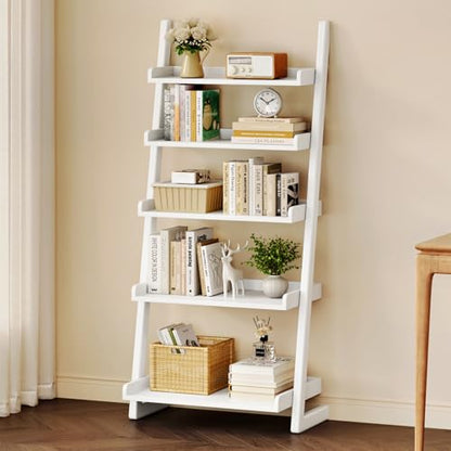 CozyDH Wooden Ladder Shelf, White Ladder Bookshelf Narrow 5-Tier,Ladder Shelf Bookcase Storage for Living Room, Bedroom, Home Office,23.6''Dx15.7''Wx55.1''H - color: White