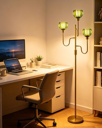 Lightdot Dimmable Green Glass Floor Lamp Mid Century Modern Gold Floor Lamps with Warm White Bulbs Included 3-Arm Standing Tall Lamp with 5Lbs Heavy Base for Living Room/Bedroom/Home Office - color: 3 Green Tulip-Gold