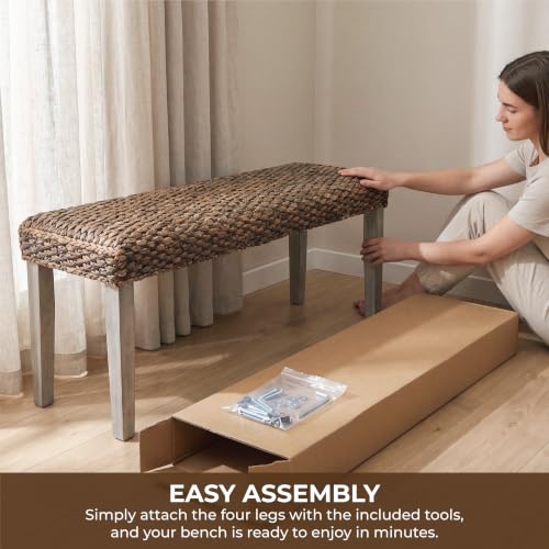 Solid Acacia Wood Bench with Natural Woven Water Hyacinth Seat, Grey Leg | Plait Style, Farmhouse, Rustic, Boho, Coastal for Living Room or Entryway - color: Plait - Grey Leg & Water Hyacinth