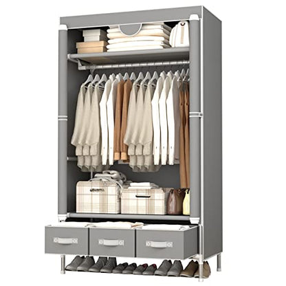Portable Clothes Closet Rolling Door Wardrobe with Hanging Rack Non-Woven Fabric Storage Organizer with Three Drawer Boxes No-Tool Assembly - 35.4 x 17.7 x 67.0 ‘’ (Gray)