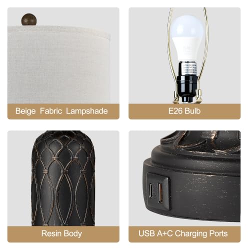 Black Farmhouse Lamps for Living Room Set of 2, 28" Bedroom Lamps Set of 2 with USB Ports, Dimmable Bedside Lamps Nightstand Lamps - color: 5.Black-Gold