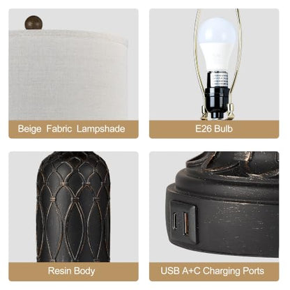 Black Farmhouse Lamps for Living Room Set of 2, 28" Bedroom Lamps Set of 2 with USB Ports, Dimmable Bedside Lamps Nightstand Lamps - color: 5.Black-Gold