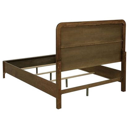 Queen Bed, Upholstered Bed, Walnut Panel Bed, Grey Fabric Headboard, Bed Frame, Extra Low Footboard, Walnut Veneer, Transitional for Modern and Classic Rooms, 1 Bed