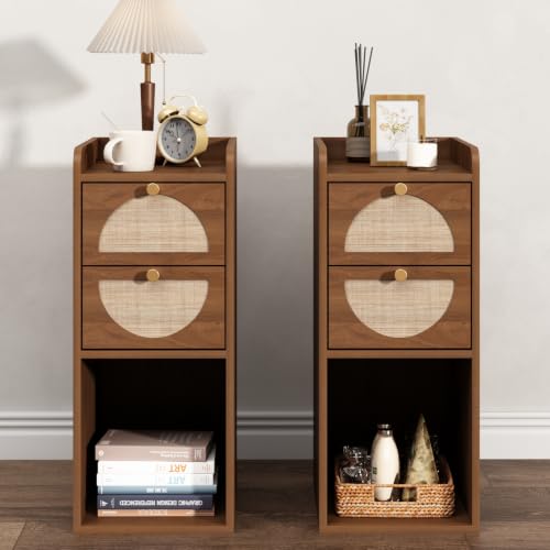 Narrow Nightstand Set of 2 (Rattan & Wood) - Small Bedside Table with 2 Drawers, Open Shelf, Mid Century Modern End Table - for Bedroom, Living Room & Small Spaces, Walnut - color: Walnut, size: 9.9"W (2 Pc)