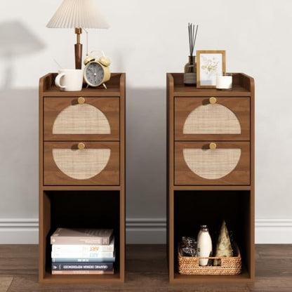Narrow Nightstand Set of 2 (Rattan & Wood) - Small Bedside Table with 2 Drawers, Open Shelf, Mid Century Modern End Table - for Bedroom, Living Room & Small Spaces, Walnut - color: Walnut, size: 9.9"W (2 Pc)