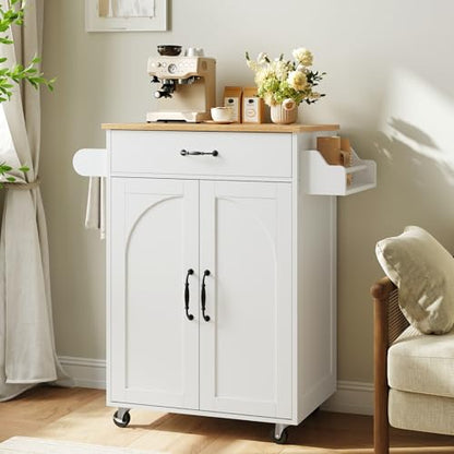 Kitchen Island Cart, Small Kitchen Island with Storage Cabinet and Drawer, Rolling Kitchen Cart on Wheels with Spice Rack and Towel Rack, for Kitchen, Dining Room, White and Natural - color: White + Natural