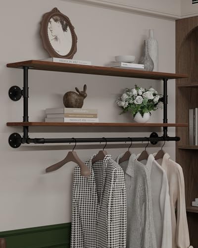 Clothes Rack 36in, 2 Tier Wall Mounted Garment Rack with Real Wood Shelf, Heavy Duty Hanging Clothes Rack, Multi-Purpose Hanging Rod, Space-Saving Closet Storage - color: Brown, size: 2T36IN