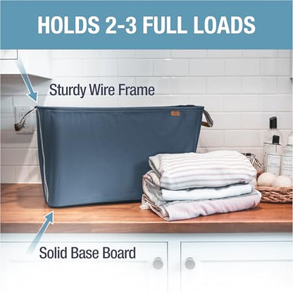 CleverMade Collapsible Laundry Basket LUXE, 60L Pop-Up Hamper, 2 Pack, Navy | Elevate Open-Room Laundry Storage | Refined Fabric and Vegan Leather Add Polish, While Each Basket Holds 55 lb - color: Navy Noir