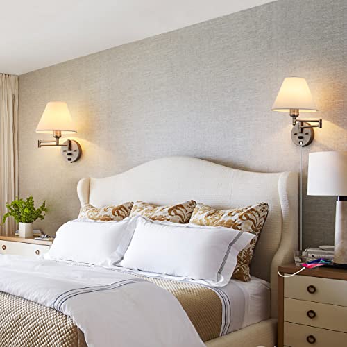 Swing Arm Wall Sconces, Plug-in Wall lamp,Bedroom Wall lamp ， White Fabric Shade，，with dimmable Switch and USB Charging Port, Suitable for Bedside, Living Room, Reading (Nickel) - color: Nickel