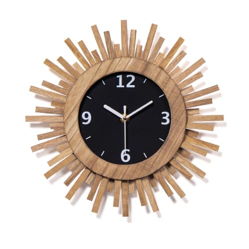 12 Inch Wall Clock, Battery Operated, Silent, Rustic Wood Boho Sunburst Decorative Wall Clocks for Living Room Kitchen Bedroom Farmhouse Office Decor (Rustic Brown) - color: Rustic Brown, size: 12 Inch