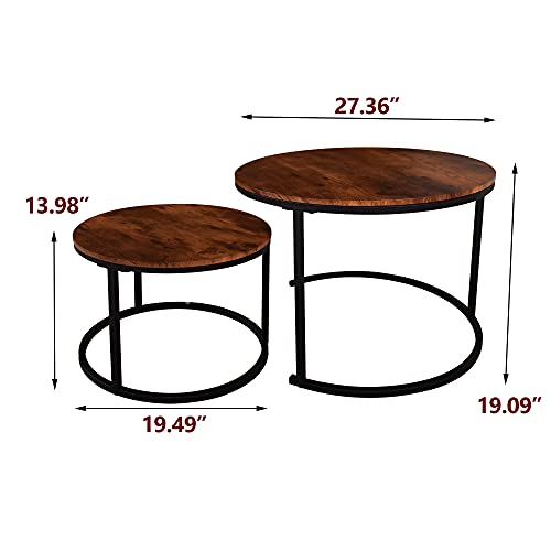 HOMERECOMMEND Round Coffee Table Set of 2 for Living Room,Rustic Brown | Modern Nesting Side End Table,Round Wooden Table with Solid Powder-Coated Metal Frame,round nesting coffee table set of 2 - color: Brown