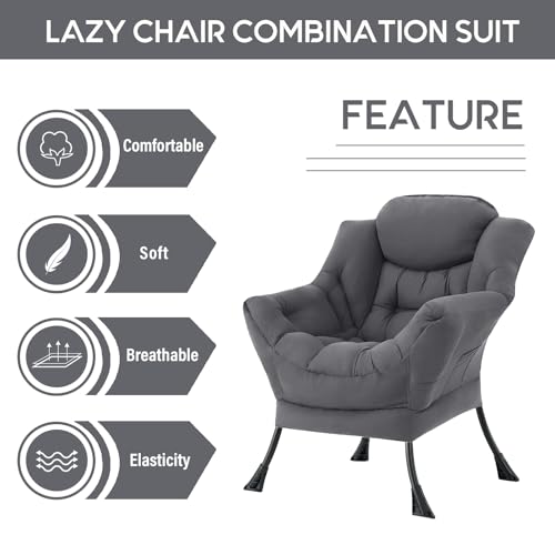 Lazy Chair with Ottoman, Comfy Accent Reading Chair, Dark Grey | Foldable Footrest,Removable Cover,with Armrests and Side Pockets,Upholstered Lounge Chair for Bedroom,Dorm,Office,Small Space - color: Single Dark Grey