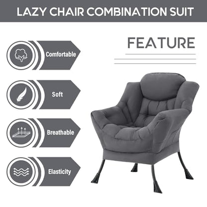 Lazy Chair with Ottoman, Comfy Accent Reading Chair, Dark Grey | Foldable Footrest,Removable Cover,with Armrests and Side Pockets,Upholstered Lounge Chair for Bedroom,Dorm,Office,Small Space - color: Single Dark Grey
