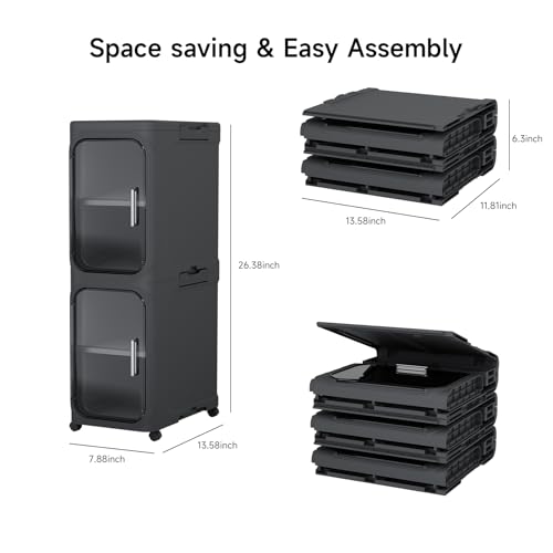 Slim Bathroom Storage Cabinet with Magnetic Clear Doors, Foldable Narrow Storage Organizer with Wheels, No-Tool Assembly Plastic Skinny Cabinet for Small Spaces, Kitchen, Laundry - color: Black, size: 2-Tiers