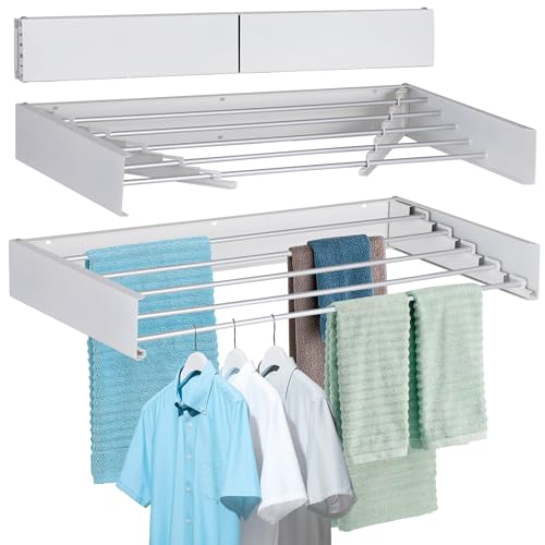 Laundry Drying Rack Wall Mounted Clothes Drying Rack Collapsible with 5 Aluminum Rods and Drilling Template Long Screwdriver Bit 60 lbs Capacity (White, 31.5") - color: White, size: 31.5"