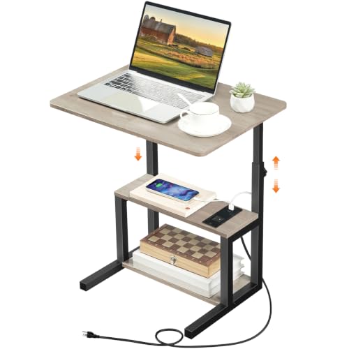 HOOBRO C-Shaped End Table, Adjustable Height Side Table with Power Strip | Couch Table with 20.5"L x 15"W Spacious Desktop, TV Tray Table with Storage Shelves for Living Room, Sofa, Chair, Greige - color: Greige + Black