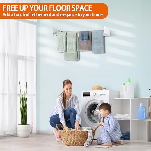 Laundry Drying Rack Wall Mounted Clothes Drying Rack Collapsible with 5 Aluminum Rods and Drilling Template Long Screwdriver Bit 60 lbs Capacity (White, 31.5") - color: White, size: 31.5"