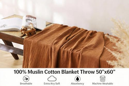 100% Cotton Muslin Throw Blanket for Bed, Couch, Travel, Luxuriously Soft, Pre-Washed, Breathable and Lightweight Gauze Blanket with Tassels, Suitable for All Seasons, Rust, 50"x60" - color: Rust