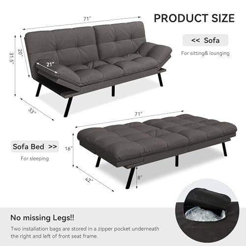 Vipbear Convertible Futon Sofa Bed,Grey Linen Futon Couch with Detachable Cushion,Adjustable Backrest & Armrest,Modern Small Recliner Loveseat Sleeper Couch for Living Room,Office,Apartment