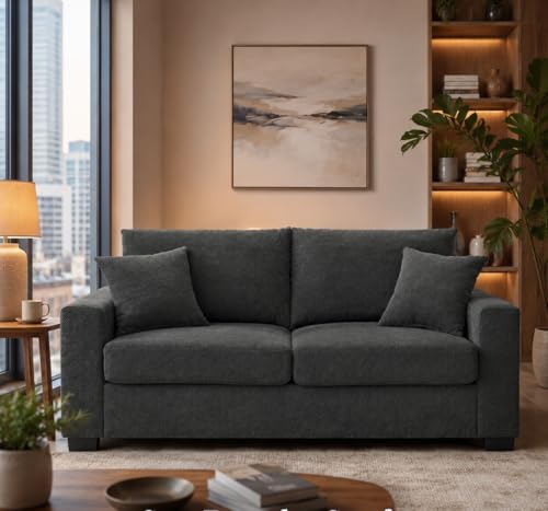 69'' Dark Grey Modern Loveseat Sofa | Upholstered 2-Seater Sofa for Living Room, Mid-Century Modern Love Seats with 2 Pillows, Deep Seat for Office Apartment - color: Dark Grey