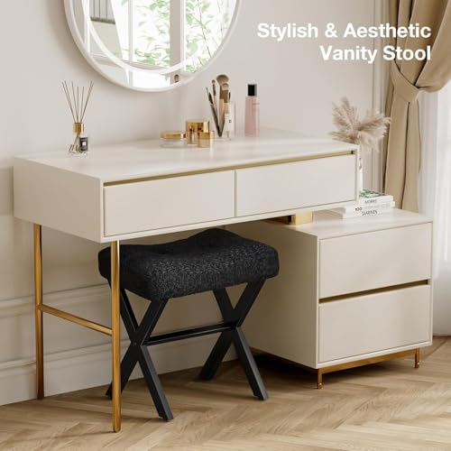 18-Inch Vanity Stool Chair, Black Makeup Stool | Teddy Flannel Vanity Bench, Metal X-Leg, 300 LBS, 16.3"x12.4"x18", Ottoman Accent Stool, Breathable Soft Saddle Seat - size: Small, style: Black Fabric