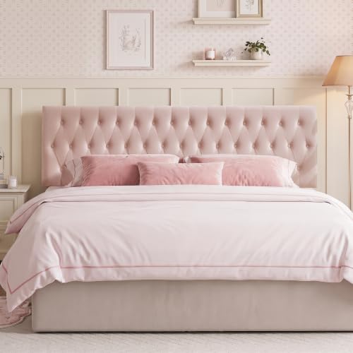 Tufted Upholstered Full Size Bed Headboard in Modern Button Design, Adjustable Solid Wood Head Board, Premium Velvet Fabric Padded Headboards in Bedroom (Pink) - color: Pink, size: Full
