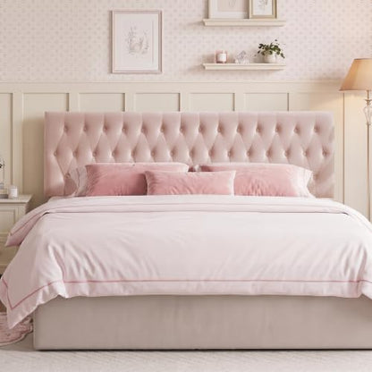 Tufted Upholstered Queen Size Bed Headboard in Modern Button Design, Adjustable Solid Wood Head Board, Premium Velvet Fabric Padded Headboards in Bedroom (Pink) - color: Pink, size: Queen