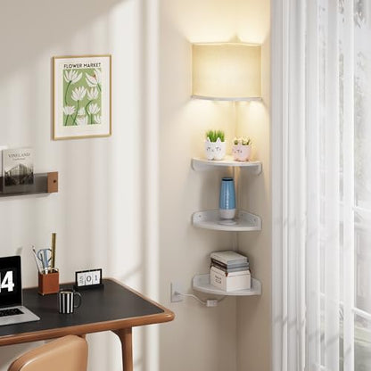 YAOHUOO Corner Shelf Wall Mounted with Light, Set of 3, White | Corner Floating Shelves, Cord Hole for Cable Box, Round End, For Bedroom, Living Room and Kitchen