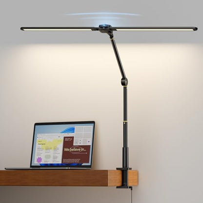 Ring Light with Stand, Sensor Switch Dual Light Head | Desk Lamps for Home Office 270° Rotatable & Extendable Aluminum Alloy Arm, Eye-Caring, 24W Dimmable Desk Light with Clamp