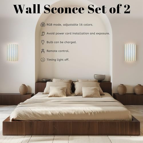 Wall Sconces Set of Two Battery Operated Blue Stripes Classic Striped Seamless Hand Drawn Brush Strokes Stripes Plug in Wall Lights Fixtures Remote Dimmable for Bedroom Living Room Hallway