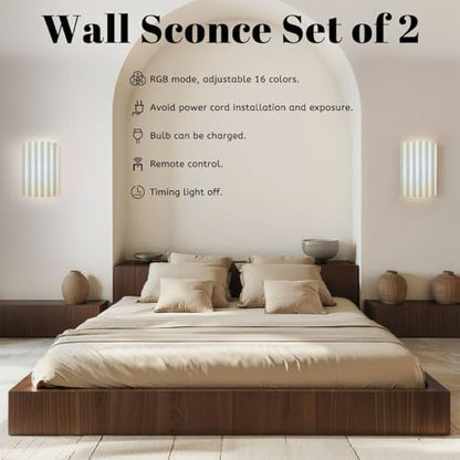 Wall Sconces Set of Two Battery Operated Blue Stripes Classic Striped Seamless Hand Drawn Brush Strokes Stripes Plug in Wall Lights Fixtures Remote Dimmable for Bedroom Living Room Hallway
