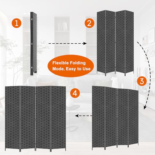 BLKMTY Room Divider, 6ft Folding Privacy Screens, Wall Divider Portable Room Seperating Freestanding Wood Screen, 4 Panels Hand-Woven Design Screen Double Hinged Dividers for Bedroom, Gray - color: Grey