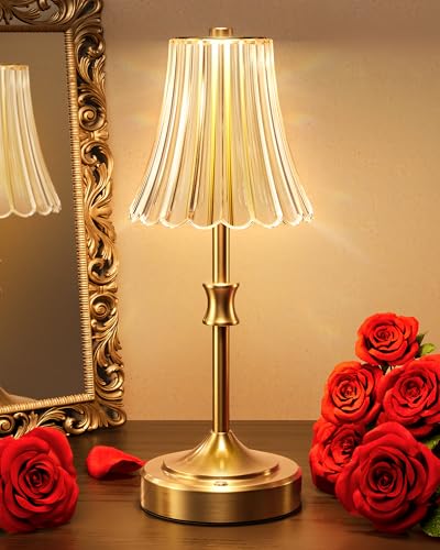 JACKYLED Vintage Cordless Table Lamp, Acrylic Crystal Flower Lamp Shade, 3 Colors Dimmable LED Golden Lamp, 5000Capactiy powerOperated Rechargeable Lamp for Kitchen Counter Home Decor - style: Flower Lampshade