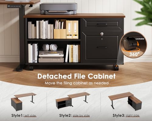 55" L Shaped Electric Standing Desk with Cabinet Sets, Walnut/Black (Pack of 2) - color: Walnut+black, size: 55 Inch (Pack of 2)