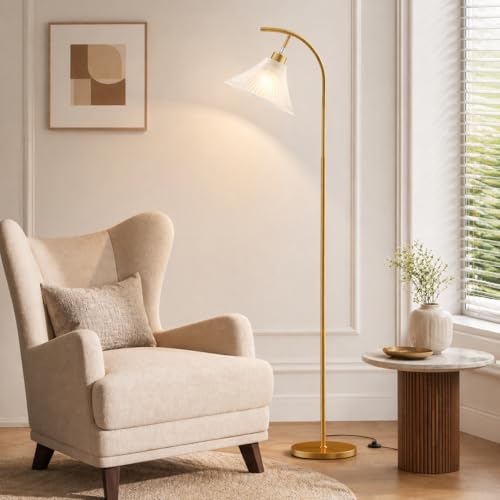 Gold Floor Lamp with Remote, Dimmable Glass Arc Standing Lamp, Ribbed Frosted Glass Shade, 3 Color Temperatures, Foot Switch, 9W LED Bulb for Living Room Bedroom Office - color: Gold