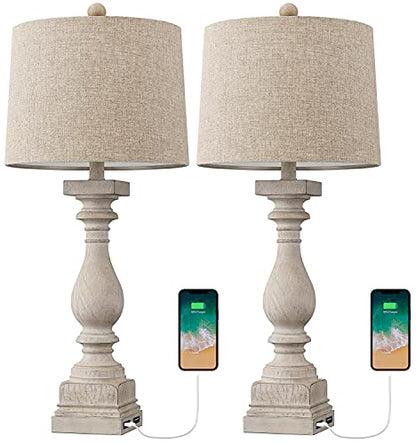 BOBOMOMO 27" Table Lamp with USB C+A Charging Ports Set of 2 Antique Nightstand Lamp for Bedroom Living Room Farmhouse Office Retro Rustic Resin Bedside Desk Lamps Washed White (Blubs not Included) - color: Beige