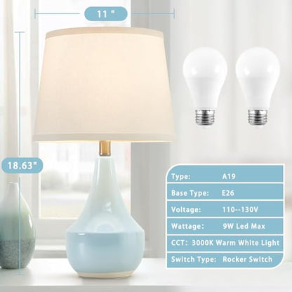 18" Table Lamp Set of 2, Ceramic Lamp Classic Beside Lamps Nightstand Lamp Modern Cute Lamp for Living Room, Bedroom & Office Rocker Switch Sky Blue-LED Bulbs Included - color: 18.63" Blue